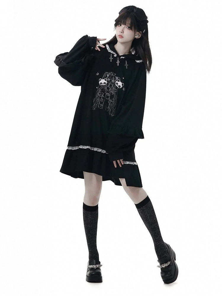 Cross Black Sweet-Grunge and Decoration Doll Metal with Dark Hoodie Dress Aesthetic Lace