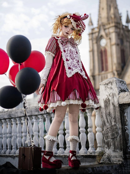 Clowncore Dress KC Printed Waist Lolita Detachable Belt Set Bow - Juliette Panel Red Sleeves + Stripes OP