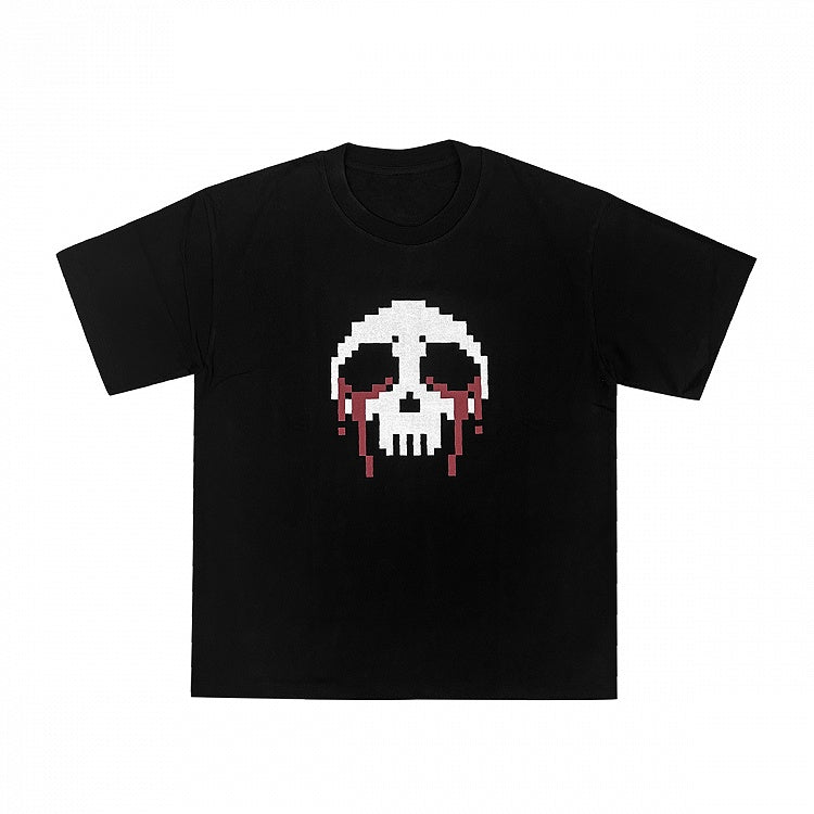 Pixel Round Neck T-Shirt Skeleton Print Cotton Black/White