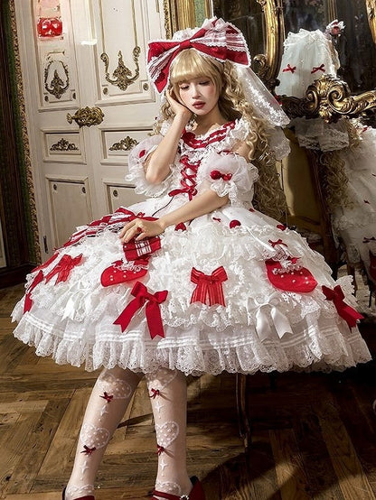 Red and Accents Lace Ruffles with Dress Lolita White Sweet Bow Layered