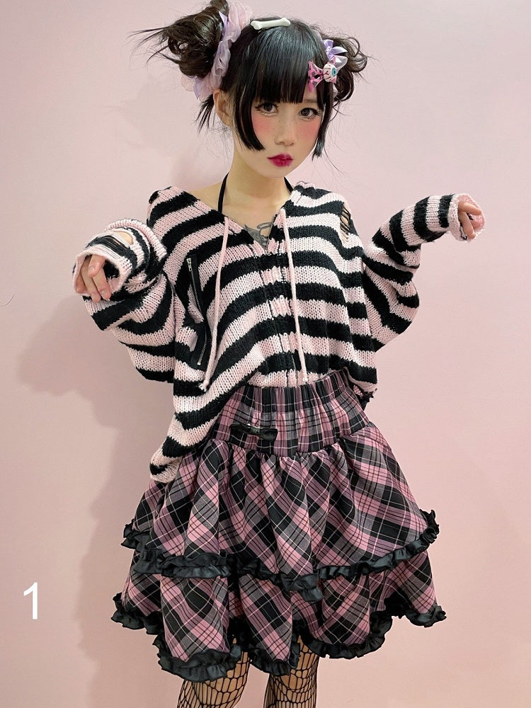 Black and Pink Y2K A-Line Skirt with Lace Bow and Checkered - Alita26SS