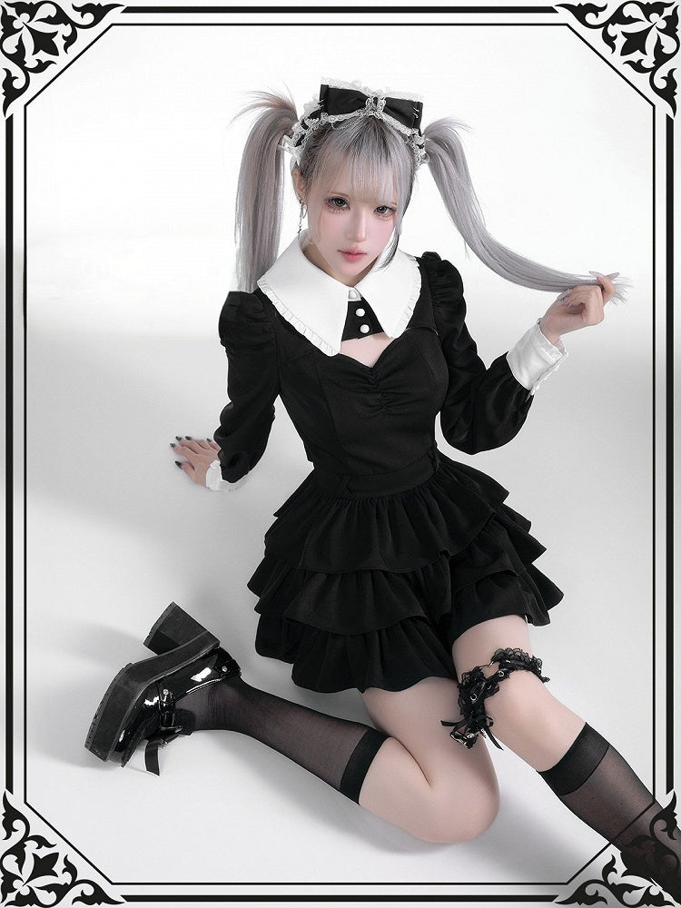 Black White Jirai Kei Collared Tiered Ruffle Dress Shorts Set - Fluffy Heart
