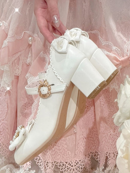 ラウンドロリータラインストーンメリートゥ装飾ディテールホワイト＆ビーズボウノットジェーンズシューズ