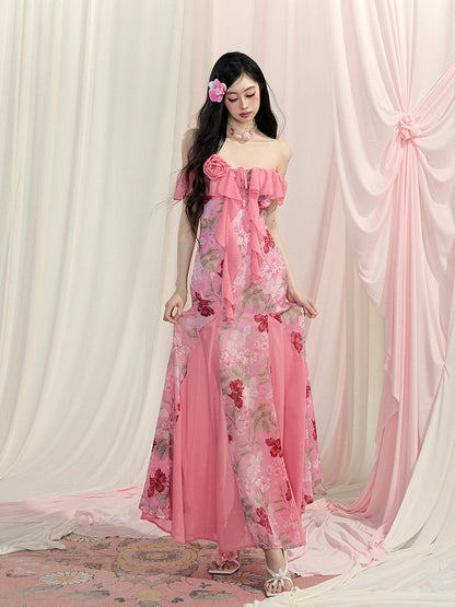 Rose Manor Pink Off-the-Shoulder Cascading Ruffle Accents Floral Chiffon Dress