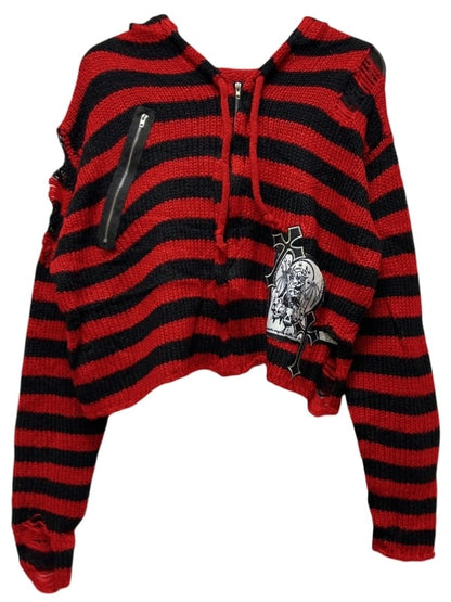 Gothic Punk Black and Red Striped Zip Hoodie GrimReaper Applique