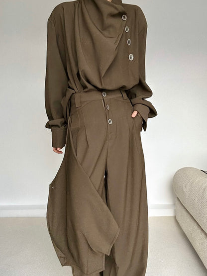 High-Waisted Three-Button Pants Ouji Cut Fly Lolita Wide-Leg Panel Draped Coffee with