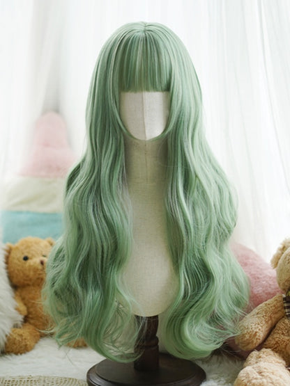 Red/Pink/Green/Purple/Dusty Blue/Orange Waist Length Wavy Wig With Full Bangs