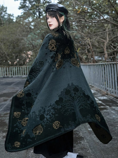 with Goth Design Open Leaf Green - Dark Cheongsam Style Print Placket Shawl