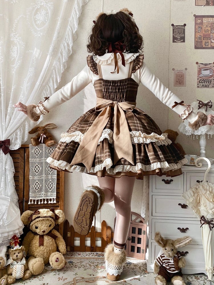 Winter Lace and with Lolita Trims Accents Brown Bow Dress Plaid