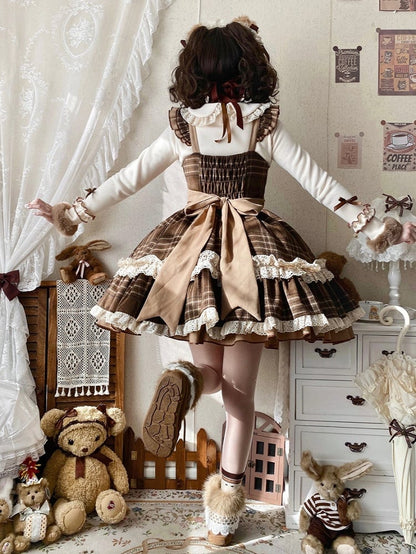 Winter Lace and with Lolita Trims Accents Brown Bow Dress Plaid