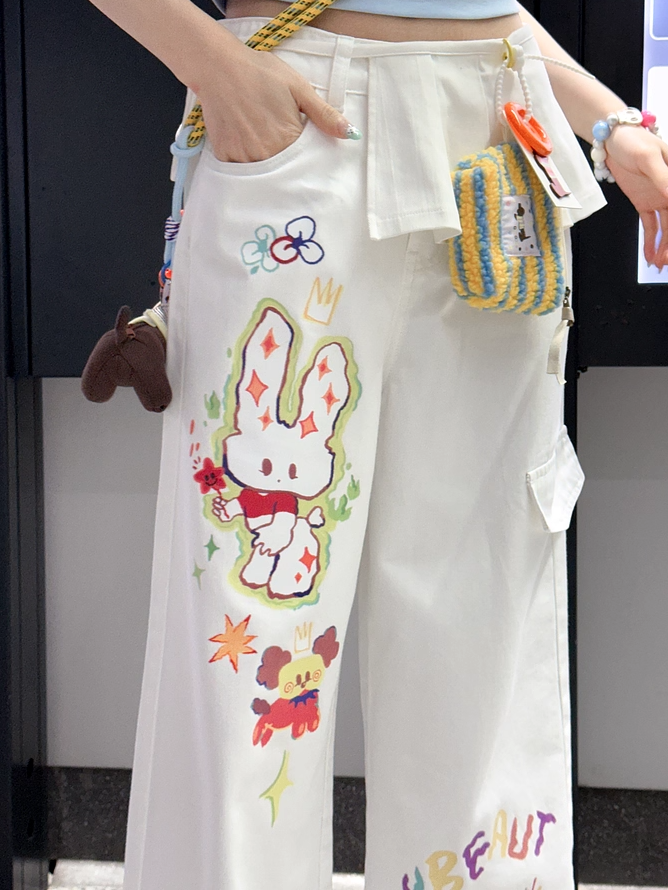 ウエストワイドレッグジーンズ カートゥーンバニープリント ホワイト ローカット