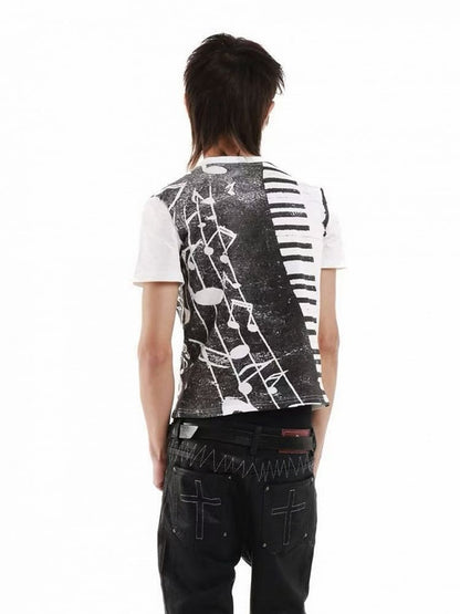 Unisex White & Black Letter Music Note Rhinestone T-Shirt