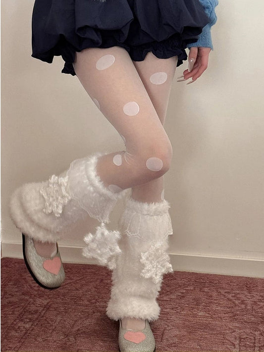Leg White Snowflake 6 Warmers with Fuzzy Appliqués