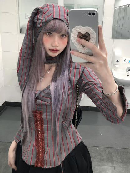 Red Chin Striped Strap Hat Ear Bunny with Grey