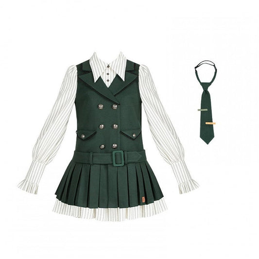 + Two-pieces Fake Box Tie Pleat Lolita Green Preppy Tonal Dress Short Style