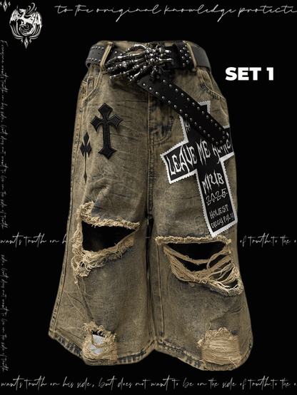 パンクなウェイストランドクロスのアップリケ、イエローのダメージ加工の穴あきデニムショーツ、Y2K