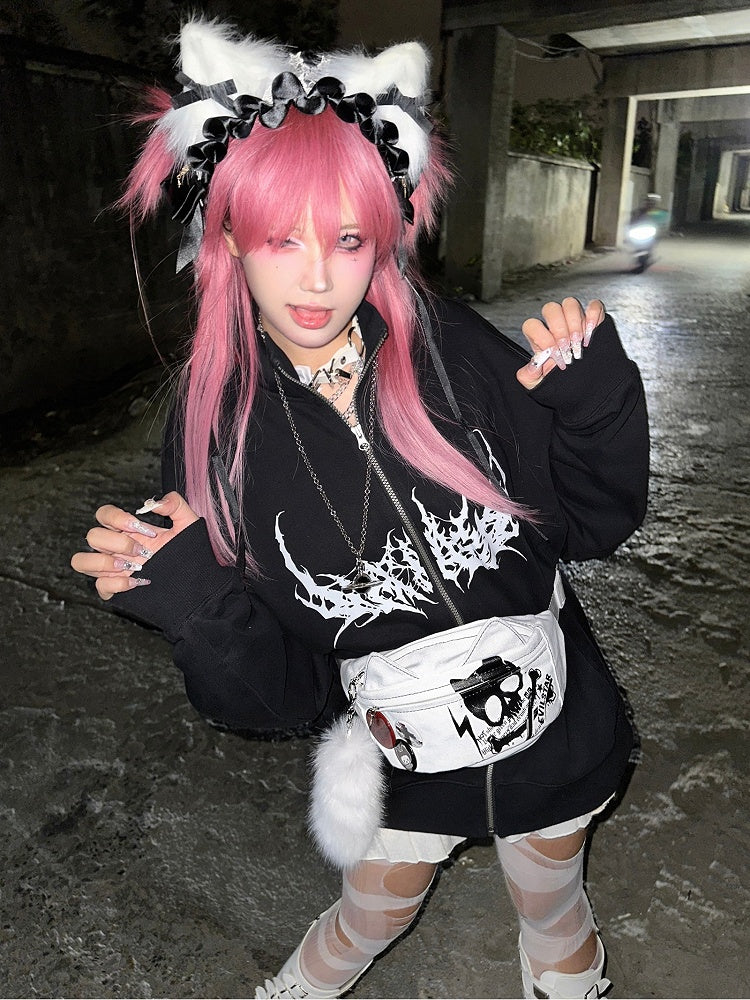 Print - Cat Bag White Waist Canvas with Skeleton Design Ear Letter Punk