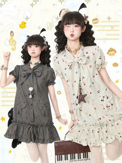 Beige Star Print Plaid Puff Sleeve Dress with Bow & Bunny Ear Pockets - Languid Park