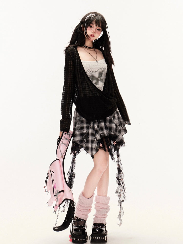 Y2K 黒と白のチェック柄ハンカチ裾カスケードフリルメッシュ