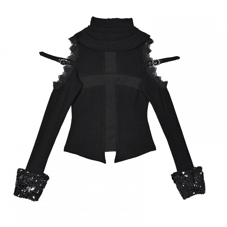 Schwarzes, halbtransparentes, langärmliges Gothic-Oberteil mit offenen Schultern und kreuzförmigen Netzeinsätzen
