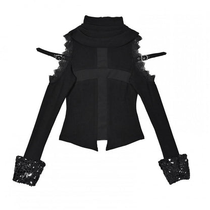 Schwarzes, halbtransparentes, langärmliges Gothic-Oberteil mit offenen Schultern und kreuzförmigen Netzeinsätzen