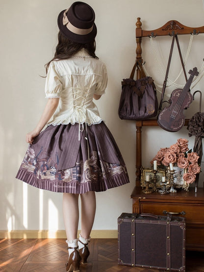 ベージュのプリーツボディスショートパフスリーブシャツ