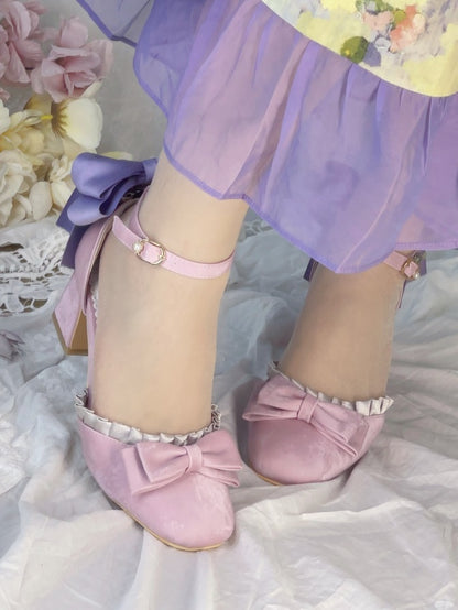 Ruffle Details Purple Mid Leather Pink Style Lolita Trim Heels Bow PU with for