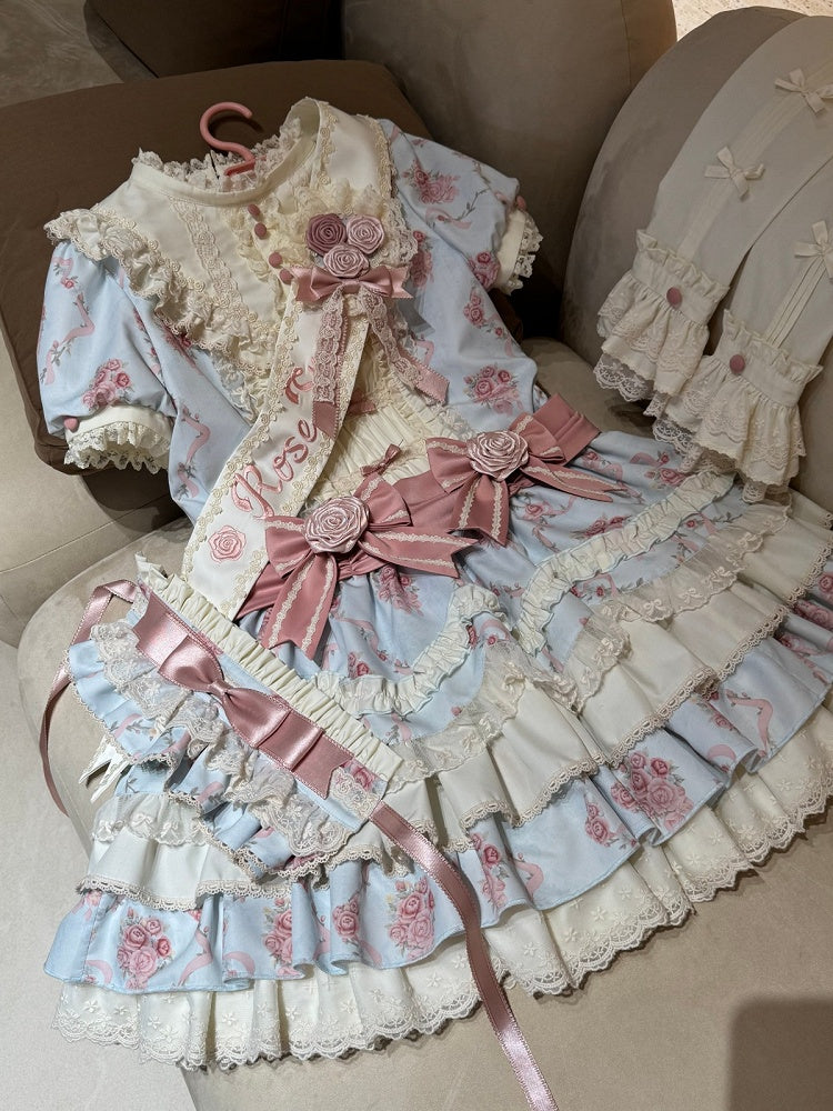 Blue Floral Short Sleeve OP Dress with Bows - Sweet Dream Box