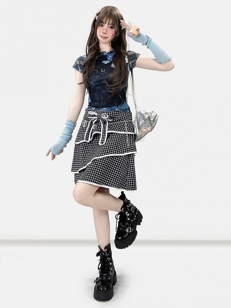 Dekoriertes bittersüßes gestuftes kariertes Schleifenmuster Y2K Schwarz