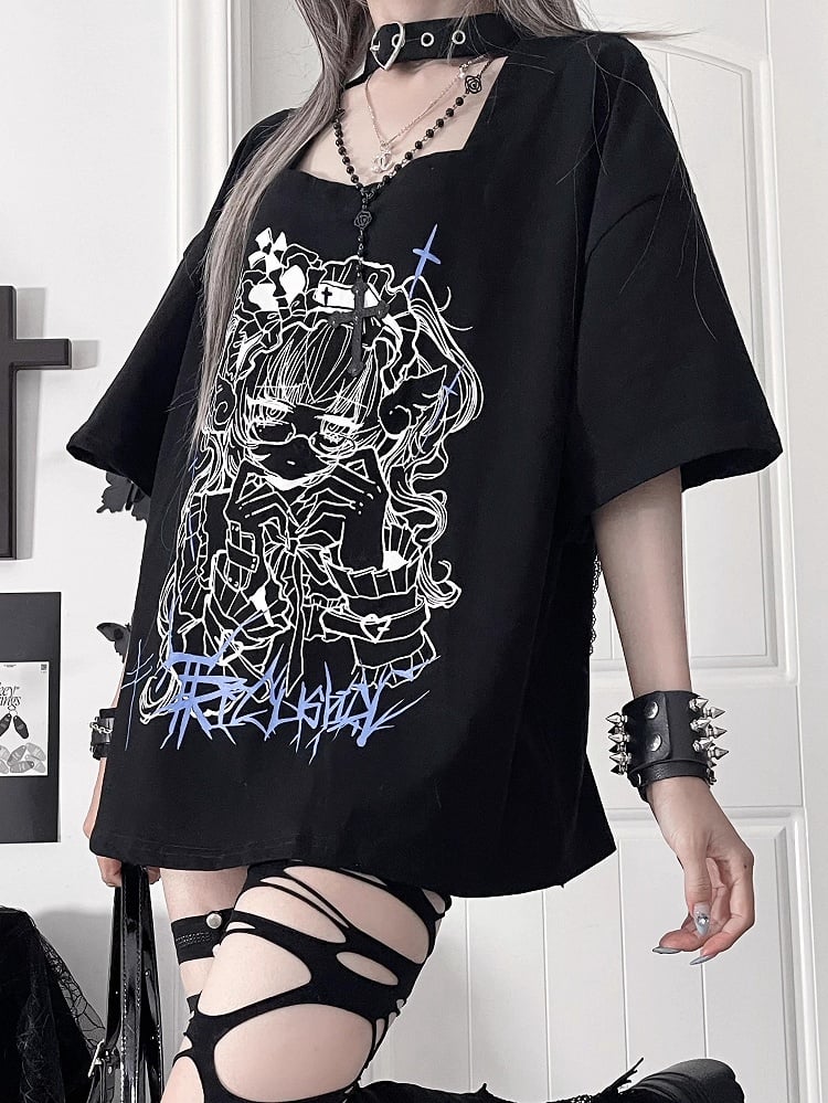 Lace-Up Sleeve Square Neck Black PrintBack Topwith Gothic Short Anime