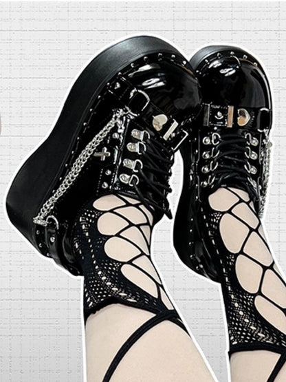 Gothic Punk Polished Black Platform Shoes with Detachable Chain, Coffin & Cross Accents