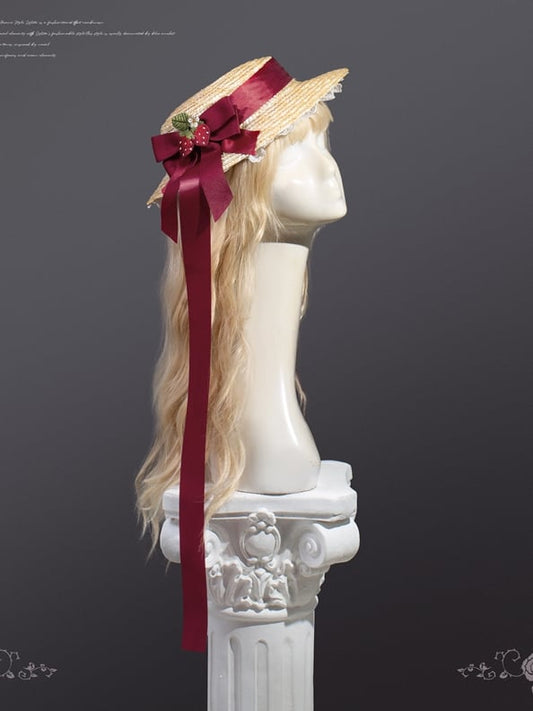 Hat Red Strawberry Bowknot Cottagecore Lolita Straw Country