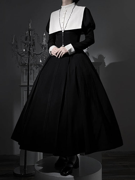 Lolita Nun Waist and Juliette Slim Maxi Sleeves Black Dress White