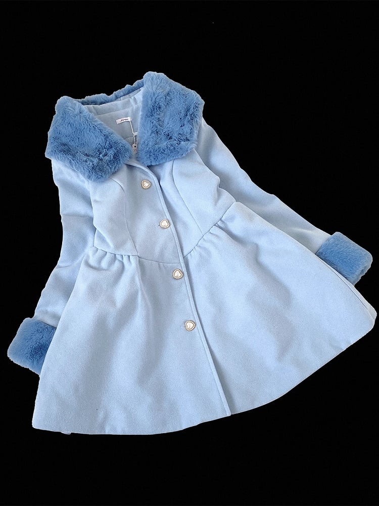 Pink Jirai Kei Wool Coat with Plush Collar and Cuffs