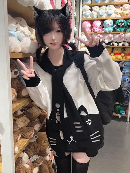 Sweatshirt with Detachable Sailor Collar Black Otaku-Kawaii Grumpy Cat Softgirl White Embroidery and