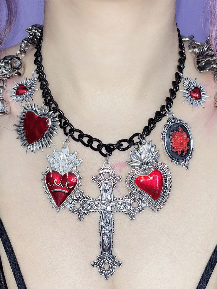 Herz Halskette Rot/Schwarz Y2K Kreuz Anhänger Floral Und
