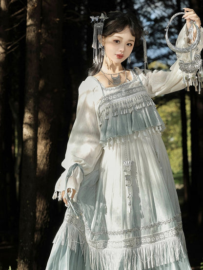 Square Neck Long Sleeve Han-Element Top in Light Blue with Tassel Dress Combo - Han Ru Chu Hanfu & Han-Element Studi