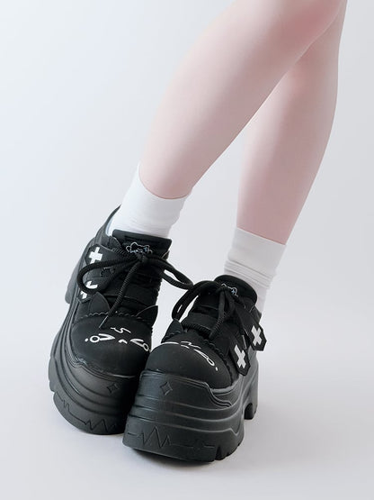 Yami Kawaii Matte Black Cross Velcro Strap Kitty Ears Platform Shoes