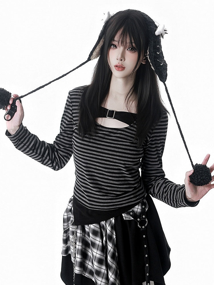 Design Pattern Button Long Slim-fitting with Striped - Black Sleeve Y2K Grey Top Metal