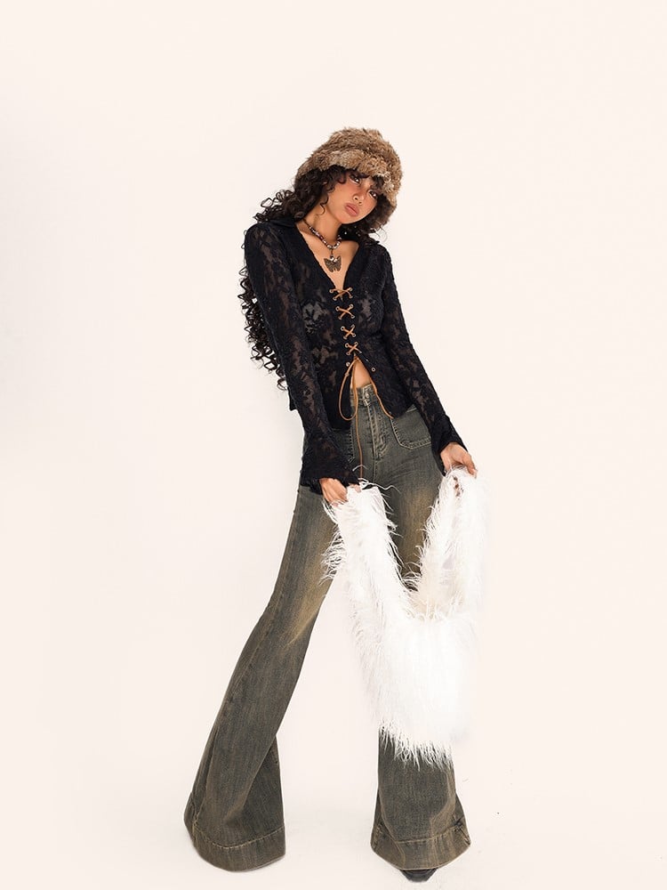 Floral Embroidery  Bell Sleeves Black Flocked Mesh Lace-up Blouse with