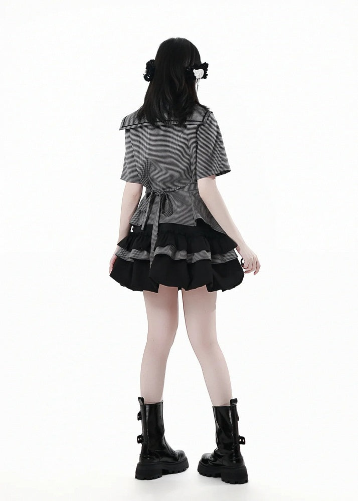 Bow Back Black Square Collar Self-tie Plaid Blouse with Necktie