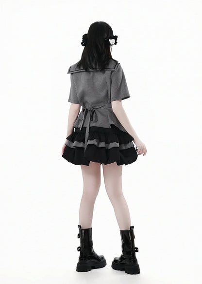 Bow Back Black Square Collar Self-tie Plaid Blouse with Necktie