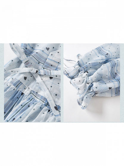 Blue Polka Dot Chinese Style Short Skirt Dress with Rabbit & Rose Pattern - Zao Jing Ji