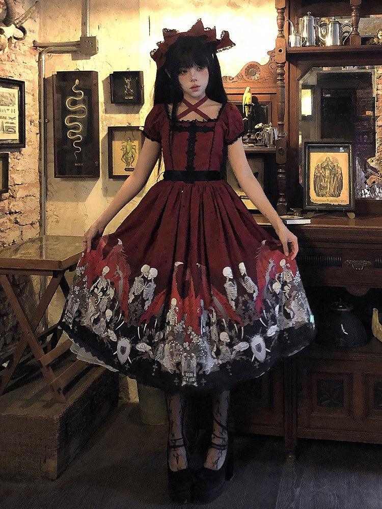 Lace Trim Black Dress Red Lolita and with Cross Print Skeleton Gothic