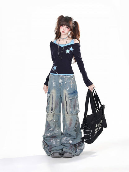 Black Blue/Black Red Rhinestone Star Glamorous Top