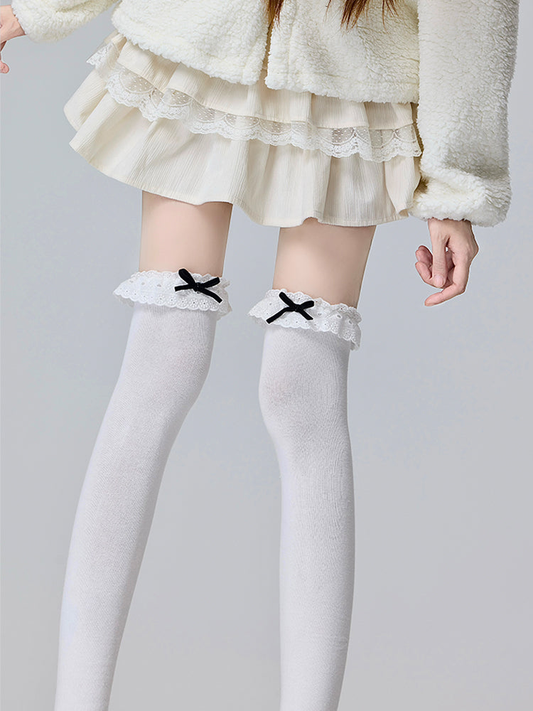 ブラック/ホワイト ロリータ リボン結び レースディテール オーバーニーストッキング