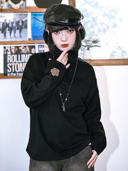 Long Sleeve Partial Placket - Gothic Black Neck Button Top Mock with Design