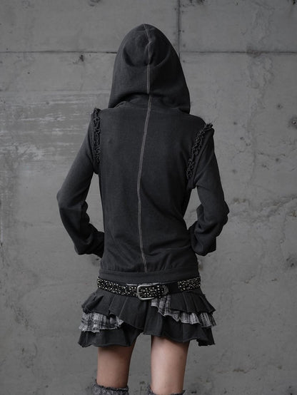 Wasteland Detachable Y2K with Dark Gray Hoodie Skirt Plaid Layered Sleeves Punk Dress