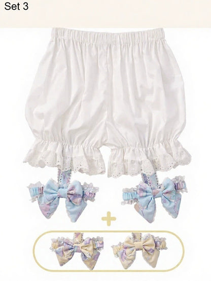 White Lolita Pumpkin Shorts with Removable Blue and Yellow Bow Leg Rings - Vcastle