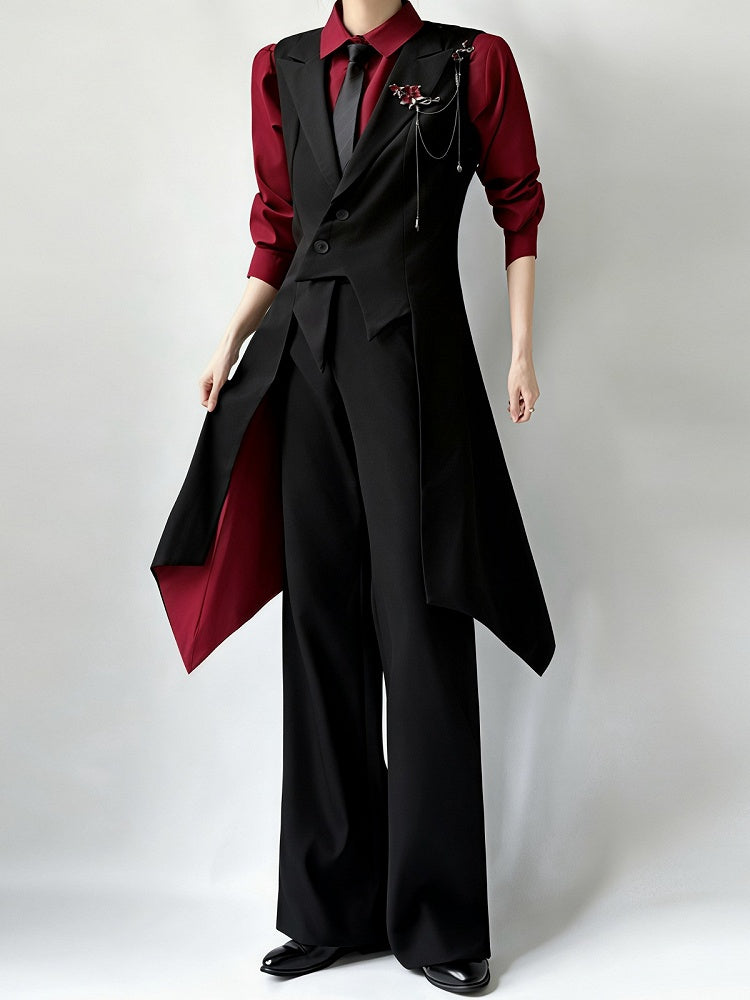 Red Inner Lining Black Tailcoat Dark Prince Waistcoat - ROAE